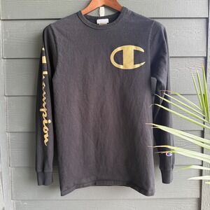 Champion‎ Long Sleeve Logo T Shirt Black Gold Graphic Cotton Size Small